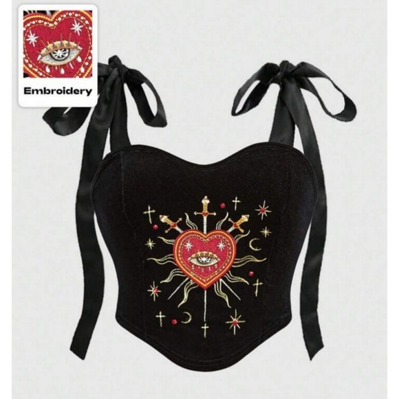 ROMWE Tops - ROMWE | Gothic Lolita Black Embroidered Heart Corset Camisole Crop Top
